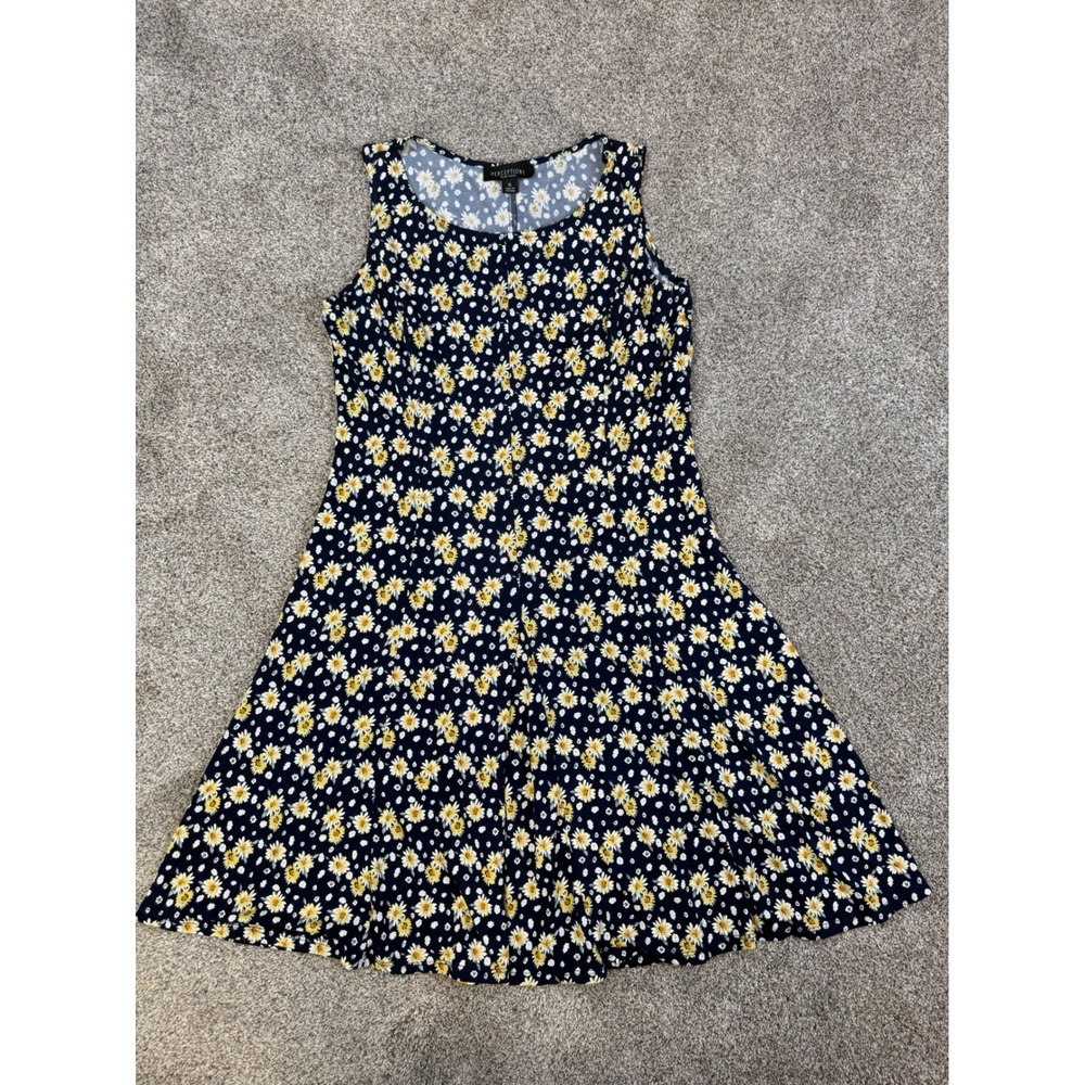 Vtg Y2K 90's Perceptions New York Blue Daisy Floral Sleeveless A-Line Dress XL